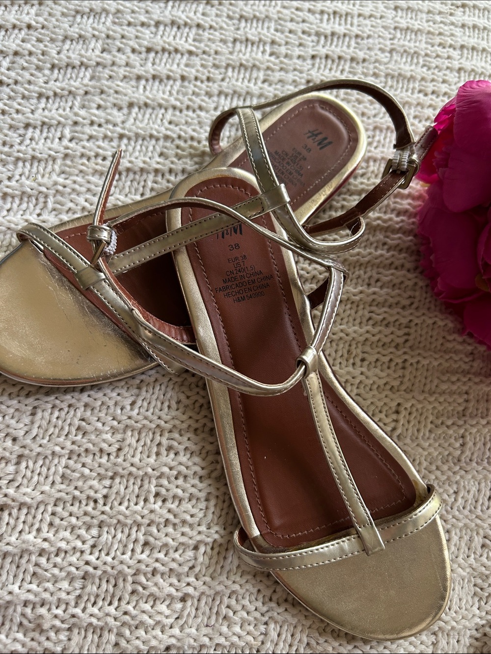 H&M Metallic Gold T-Strap Sandals
